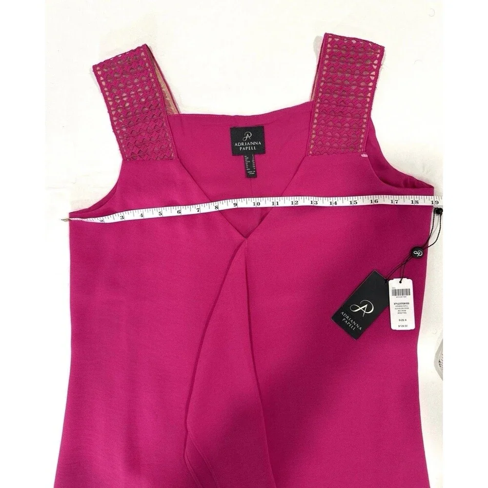 Adrianna Papell Bright Pink Midi Dress 8 Sleeveless Overlay Lace Strap Cocktail - Picture 6 of 10